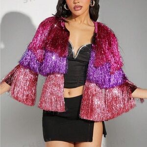 Haute Colorblock Metallic Fringe Open Coat